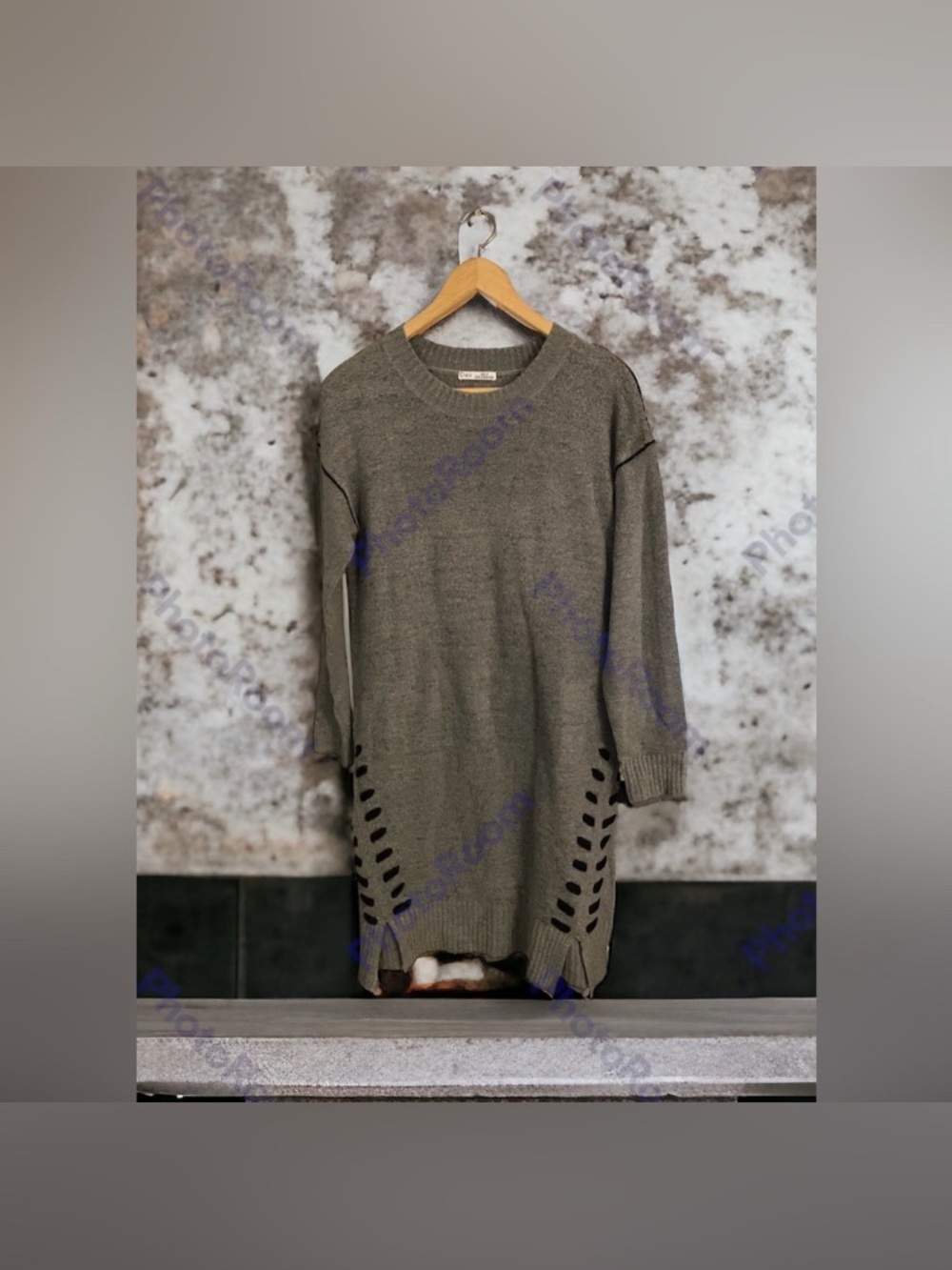 Dex Women’s Long Sweater Dress Gray with Black Lace up Side Pattern Size Small